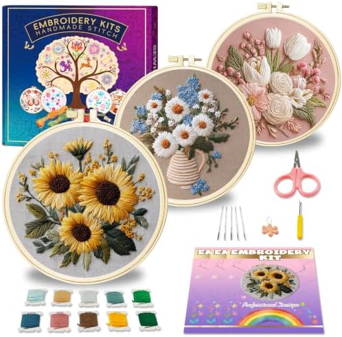 Huacan Embroidery Kit for Adults Beginners with 3 Hoops & Gift Box