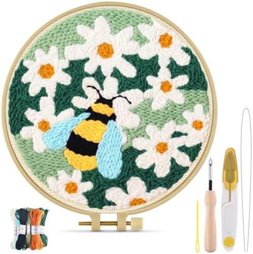 TINDTOP Punch Needle Kits, DIY Punch Embroidery Kits for Adults Beginner, Tool with Punch Needle Fabric, Hoops, Yarns and Sewing Needles (Set D)