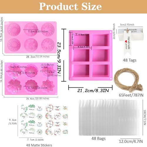 DIY Soap Making Kit, 148 Pieces with Pink Silicone Flower Molds, Handmade Gift Tags, Kraft Paper Bags, Thank You Stickers, Jute Twine for Professional Crafting