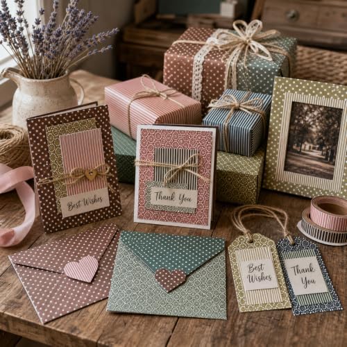 Basic Distressed Scrapbook Paper - 24 Sheets 12" x 12" Double-Sided Vintage Polka Dot & Stripe Design, 160gsm Cardstock for DIY Card Making, Gift Wrapping & Photo Albums