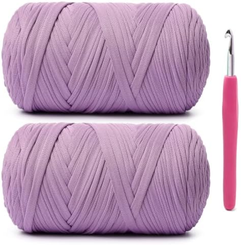 2 Pack Soft Tshirt Crochet Yarn, 800g/228yds High Elastic Hand Knitting Yarns, Thick T Shirt Yarn for Crocheting Bags, Baskets, Cushions, DIY Crafts(2 Lilac)