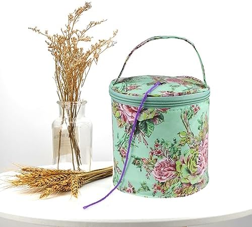 mini yarn storage small size yarn bag for crocheting with holes,empty round knitting tote bags protable yarn holder,perfect for travel,beginner & crocheter(Green Peony)
