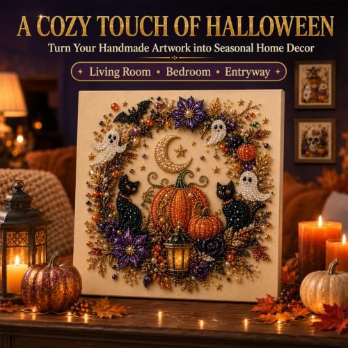 Halloween Pearl Art Kit for Adults 3D Diamond Painting DIY Craft Bead Mosaic with Ghost Pumpkin Witch Raven Skull Cow Design Options for Spooky Seasonal Home Decor and Creative Holiday Activity