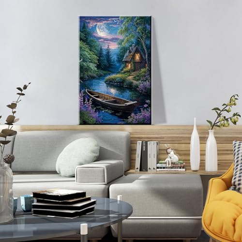 ATDMS Landscape Paint by Numbers Kit for Adult with Easel DIY Cabin Paint by Number with Frame Lake House Digital Oil Painting Kits for Wall Hanging Home Room Decor 7.87x11.81 Inch