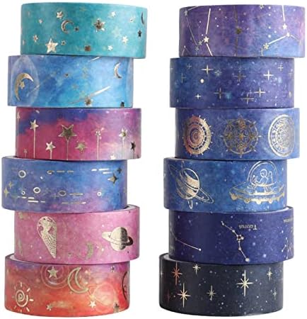 12 Rolls Galaxy Washi Tape Set, Gold Foil Decorative Masking Tape for Scrapbooking, Journal, Planner, DIY Crafts, Gift Wrapping