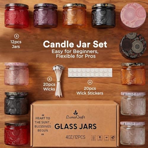 LumaCraft Luxury Embossed Glass Candle Jars for Making Candles - 12 Pack Empty Candle Containers with Airtight Metal Lids, 20 Wicks & 20 Stickers, Colored Glass Jars for Gifts & Decor-4oz