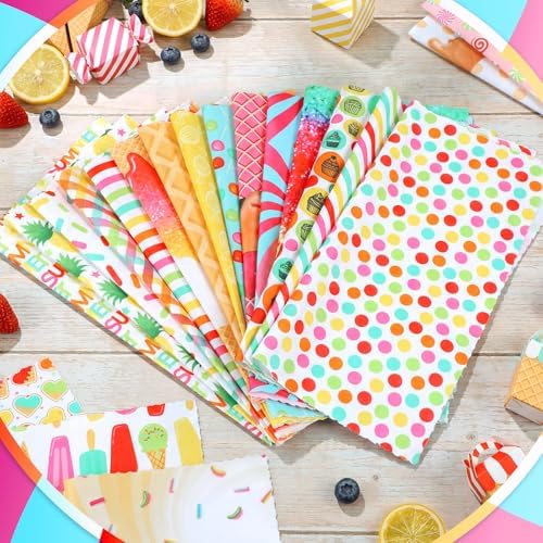 HunnmingRe 20 Pcs 10''x10'' Summer Quilting Fabric Square Ice Cream Pineapple Precut Fabric Bundle Colorful Sprinkle Polka Dot Check Printed Patchwork for Holiday DIY Craft Sewing Material Supplies