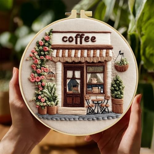 Embroidery Kit for Beginners – Complete Hand Embroidery Starter Set with Hoop, Pattern Cloth, Color Threads & Needles, DIY Embroidery Set for Relaxation, Home Décor & Unique Gifts (Corner Cafe)
