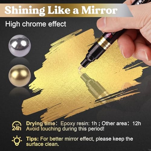LET'S RESIN 6Pcs Mirror Chrome Markers,3 Sizes Shiny Chrome Paint Pen | Large Barrel, Quick Dry,Oil-based,Silver & Gold Markers for Metal, Resin,Model Painting,Marking,Jewelry Repair Kit