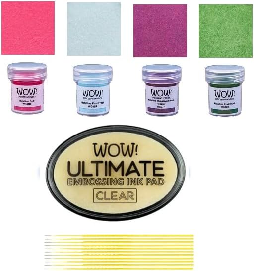 Wow! Metalline Embossing Bundle - Metalline First Frost, Red, Himalayan Musk, Kiwi Krush Embossing Powders with Ultimate Clear Embossing Pad and Trebbies Detail Sticks