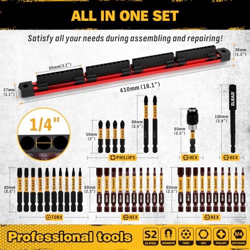 ELEAD 38-Piece Hex | Torx | Phillips Screwdriver Bit Set with 2.5” & 4” Bit Holder, Magnetic Bit Storage Rail, Allen Wrench Drill Bit Set, Tamper Proof Star Bit Set, S2 Steel