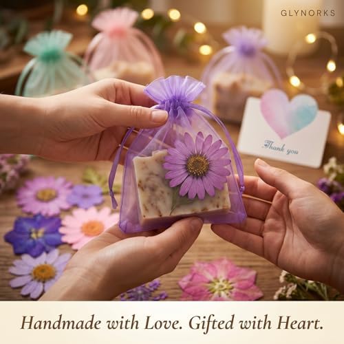 GLYNORKS Silicone Soap Molds for Soap Making, 20pcs Soap Molds Kit with Rectangle, Lemon & Leaf Designs, 10 Gift Bags, 6 Cards & 30 Dried Flowers, DIY Soap Making Supplies Kit for Adults