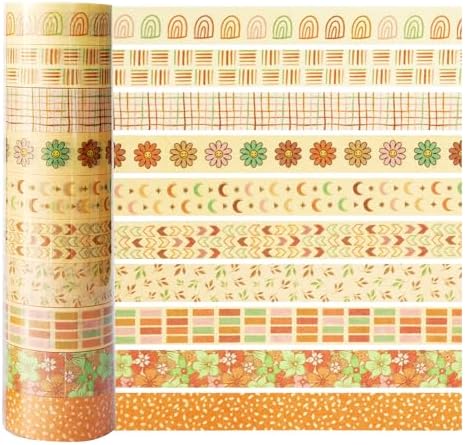 Boho Washi Tape Set 10 Rolls Cute Masking Graphic Floral Pattern Decorative Tapes for Arts, DIY Crafts, Journals, Planners, Scrapbook, Wrapping (Colors)