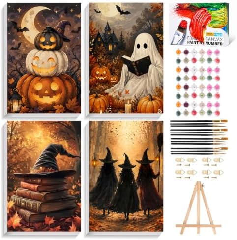 AUKELHJ 4 Pack Framed Paint by Numbers Kit for Adults, Halloween, 8x12 inch | Paint by Number for Adults, Beginner Friendly, Framed Canvas, Easel Included, Fun and Relaxing, Gifts Box, Home Wall Decor