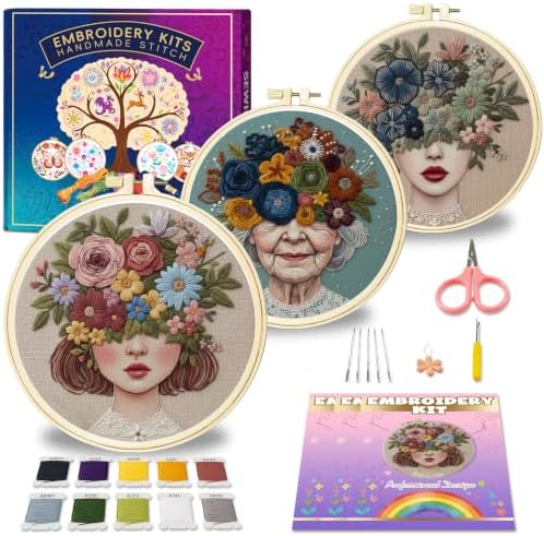 Huacan Embroidery Kit for Adults Beginners with 3 Hoops & Gift Box