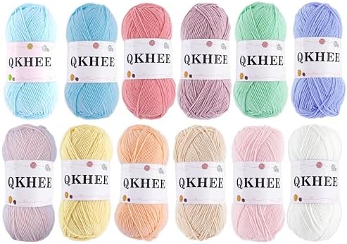 QKHEEYarn for Crocheting and Knitting 12 * 1.76 Oz (50G) /195yd,Fine/Fingering Weight (1), 60% Cotton 40% Acrylic Soft Yarn kit for Making Granny Squares and amigurumi (Honey)