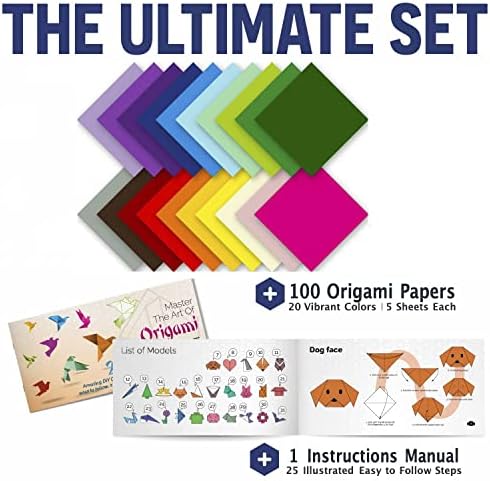 Origami Paper - 100 Origami Paper Kit - Set Includes, 100 Sheets 20 Colors 6x6, Origami Book 25 Easy Colored Projects, Kids Crafts, Christmas Gifts for boys 8-12
