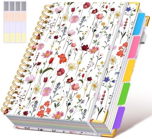 Hardcover Spiral Notebook 8.5"x11" Journal with Removable Dividers Tabs, 300 Pages 5 Subject Notebook College Ruled, Large A4 Notebooks for Work School, Journal for Women, A4 Flower white