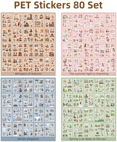 Four Seasons Style Stickers Scrapbooking Supplies for Junk Journal, Four Sticker Books, 80 Sheets PET Stickers