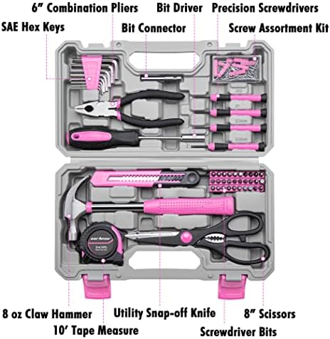 CARTMAN Complete Household Tool Set, Pink Hand Kit With Storage Case | Versatile tool assortment for home repairs, DIY projects, furniture setup, crafting, and daily household fixes in toolbox.