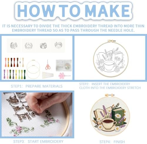 FREEBLOSS 4 Sets Embroidery Kit for Beginners Needlepoint Embroidery Starter Kit with Coffee and Book Stamped Patterns, Instructions, Colored Threads, 2 Hoops 20cm/7.9inch