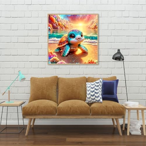 AOSGEDY Adorable Sea Turtle Beach Diamond Painting Kits for Adults, 5D Seaside Sunset/Flowers Diamond Art Kits for Beginners, DIY Full Drill Paint with Diamond, Home Wall Decor 14 x 14 Inch
