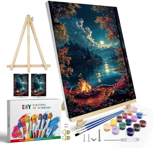 JOOZ Paint by Numbers Kit for Adults with Frame, Landscape Paint by Numbers for Adults, Moon Lake Paint by Number with Easel, DIY Acrylic Oil Painting Kit for Home Wall Decor 8 x 12 Inch