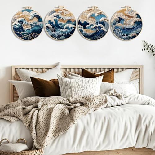 FONNUY Embroidery Kit for Beginners, Stormy Sea Wave Flowers Pre-Stamped Pattern Kits for Adults with Hoop, Easy to Follow Color Thread Needlework, 8'' Hoop (Brown)