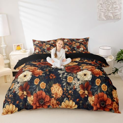 Erosebridal Boho Floral Duvet Cover Full Size Bohemian Flower Botanical Bedding Set for Kids Boys Girls Rustic Farmhouse Floral Comforter Cover Abstract Flowers Bedclothes Room Decor