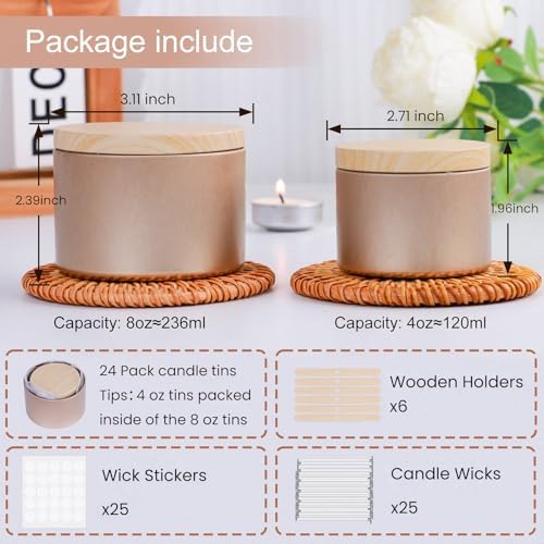 CONNOO 24 Pack - 12pcs 8oz & 12pcs 4oz Champagne Gold Candle Tins with Lids