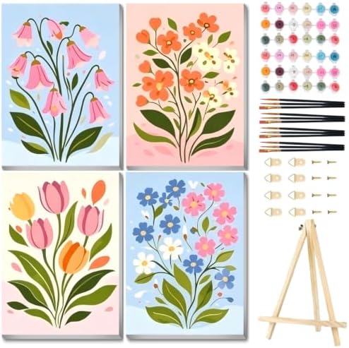 4 Pack Easy Flowers Framed Paint by Numbers Kit for Adults, 10x12 inch
