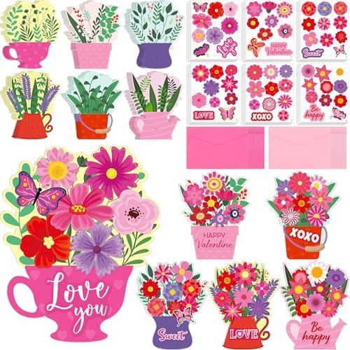 36 Set Valentines Day DIY Craft for Kids - Flower Card Making Kit with Greeting Cards Stickers Envelopes Set Gifts for Classroom School Activities