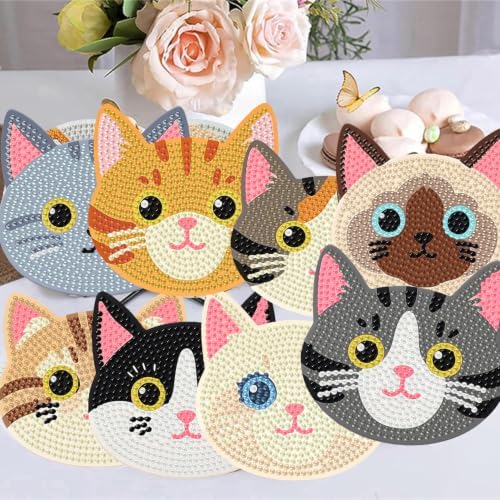 8 Pack Diamond Art Coasters Kits for Adults,Cat Diamond Painting Coasters