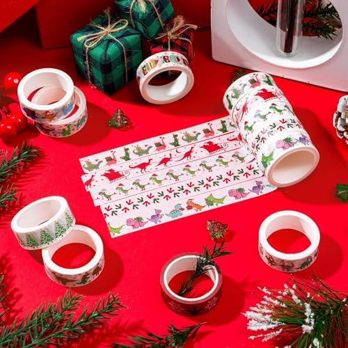Christmas Dinosaur Washi Tape - 12 Rolls Dinosaur Footprints Christmas Trees Designs, Free Adhesive for Gift Wrapping, Scrapbook, Photo Albums, Journal Decor & DIY Projects