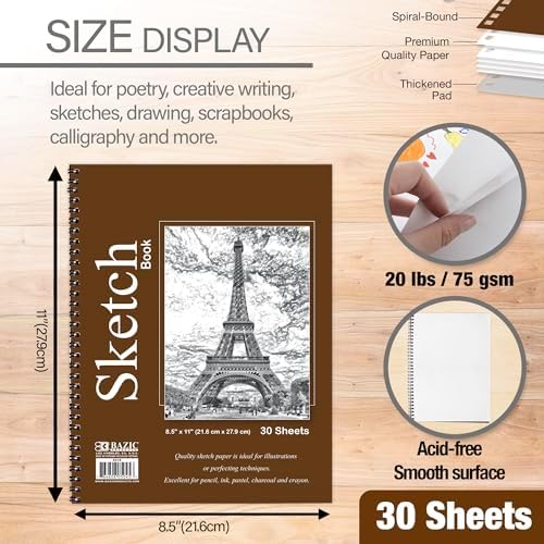 BAZIC Sketch Book 30 Ct. 8.5" X 11", Spiral Side Bound Sketchbook Drawing Pads, Sketching Paper Coloring Book for Artist Kids School, 1-Pack | 30-sheet spiral sketch book, Smooth drawing paper for sketching, Shading, For school and craft projects