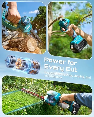SEESII 4-in-1 Electric Mini Chainsaw, Battery Hedge Trimmer & Pruner Combo | Hand Pruning Shears with 2× Rechargeable 4000mAh Batteries, Grass Shear, Garden Tool Kit for Tree Trimming & Branch Cutting