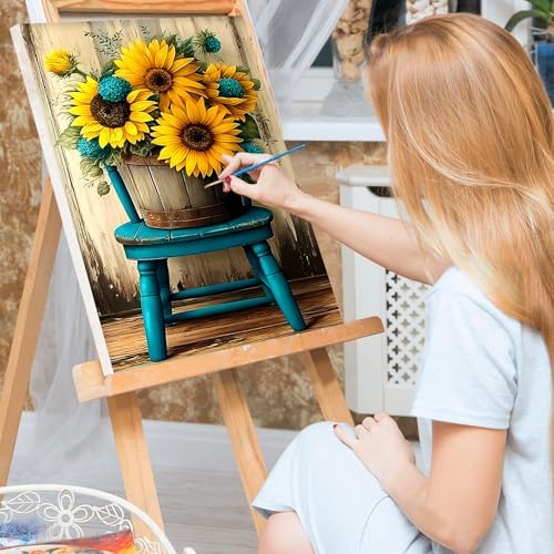 Bowetile Framed Paint by Numbers Sunflower Kit for Adults, Adults' Paint-by-Number Flowers Kits on Canvas, Painting by Numbers Chair, DIY Acrylic Number Painting for Home Wall Decor, 8x12in