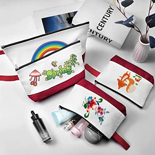 10 Pieces Cotton Canvas Makeup Bag with Bottom and Strap, Multi-Purpose Cosmetic Bag with Zipper Travel Toiletry Pouch, Blank DIY Craft Bag (White&Red, XS)