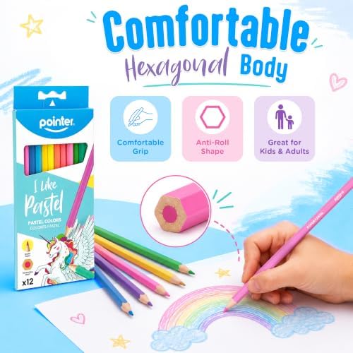 Pointer I Like Pastel Colored Pencils – 12 Count, Pre-Sharpened, Hexagonal Body, Soft Pastel Shades, School & Art Supplies