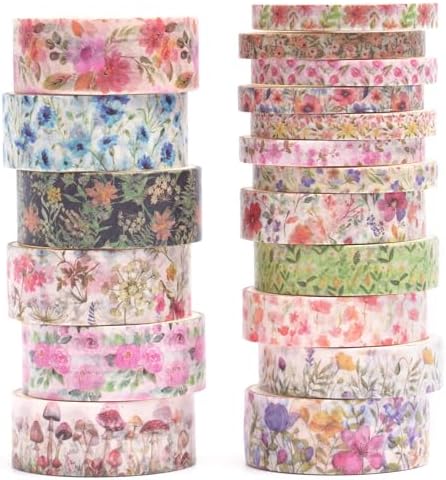 18 Rolls Seasons Flowers Washi Tape Set Floral Arts Adhesive Tapes Blooming Garden Decorative Masking Tape Sets for Craft, Kids, Scrapbook, DIY, Gift Wrapping (Spring)