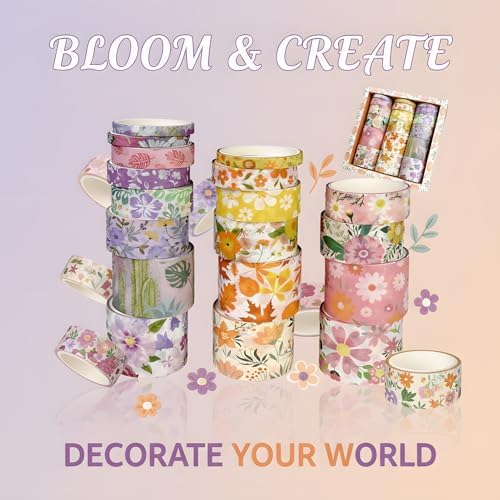 Washi Tape Set, 18 Rolls Washi Stickers, Assorted Sizes, for Junk Journal Scrapbook Tape, Bullet Journaling Scrapbooking Supplies, Planner Sticker DIY Craft DéCor (Floral)