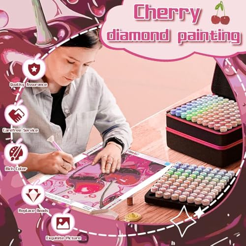 AIBOERL Diamond Art Kits for Adults，DIY Cherry Diamond Painting Wall Decor | Round Drill Vintage Cherry Diamond Painting for Beginners DIY Rhinestone 5D Diamond dots(Gemstone Craft)Wall Art Gift 12x16IN