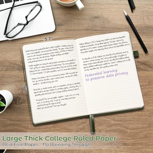 MALEDEN Notebook, A5 Hardcover Leather Notebook for Work, Notebook Journal for Women, Men, 192 Thick Paper, Large Notebook with Pockets, Professional Business Notebook (College Ruled, Light Green)