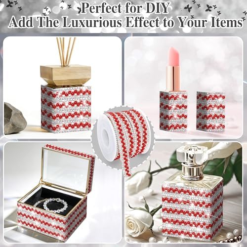 Red Pearl Rhinestone Tape Sticker 1 CM Wide Gem Rhinestone Strip
