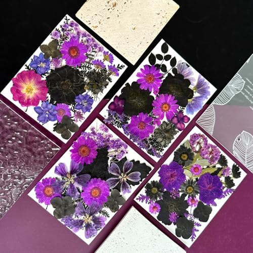 MIKIYA 92Pcs Purple Black Pressed Dried Flowers for Resin, Real Natural Bulk Assorted Dry Leaves Floral for DIY Art Crafts, Epoxy Molds, Jewelry, Soap, Candle Making, Nails Decors