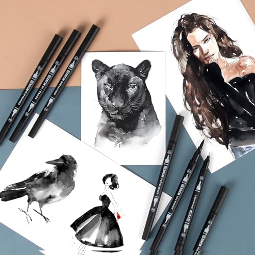 Black Duo Tip Marker Pens, 12 Fine & Brush Tip Pen For Adult Coloring Books