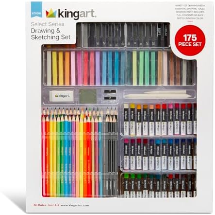 KINGART Select Series Drawing & Sketching Set, 175 pc, Complete Art Kit with Colored Pencils, Pastels, Graphite, Charcoal, Paper