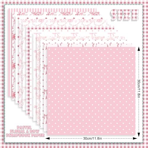 24 Sheets Preppy Pink Bow Scrapbook Paper, Coquette Bow Ribbon and Floral Decorative Craft Paper Folded Flat for Birthday Wedding Baby Shower Card Making Photo Album Decor, 12'' x 12''