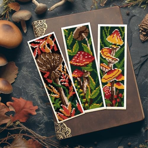 ORIGACH 6 Set Mushroom Plants Cross Stitch Bookmark Kit for Beginner