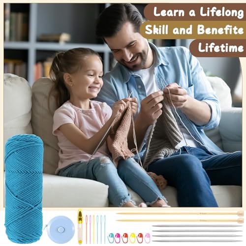 Maasechs Knitting Kit for Beginners Adults Learn to Knit Hat Scarf Glove Complete Knitting Starter Kit with Yarn, Needles, Faux Pom Pom and Step by Step Instruction for Women and Men (Lake Blue)